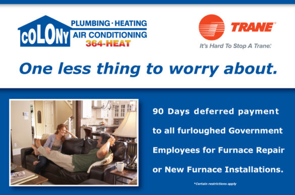 Government Furlough Furnace Help from Colony Plumbing, Heating and Air Conditioning
